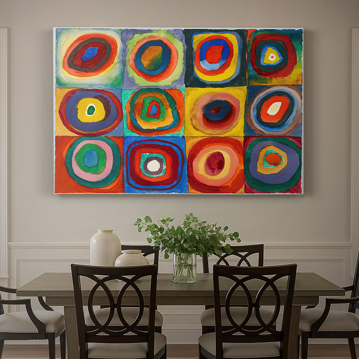 Canvas art print featuring a grid of squares each containing concentric circular color patterns, showcased as a statement wall artwork