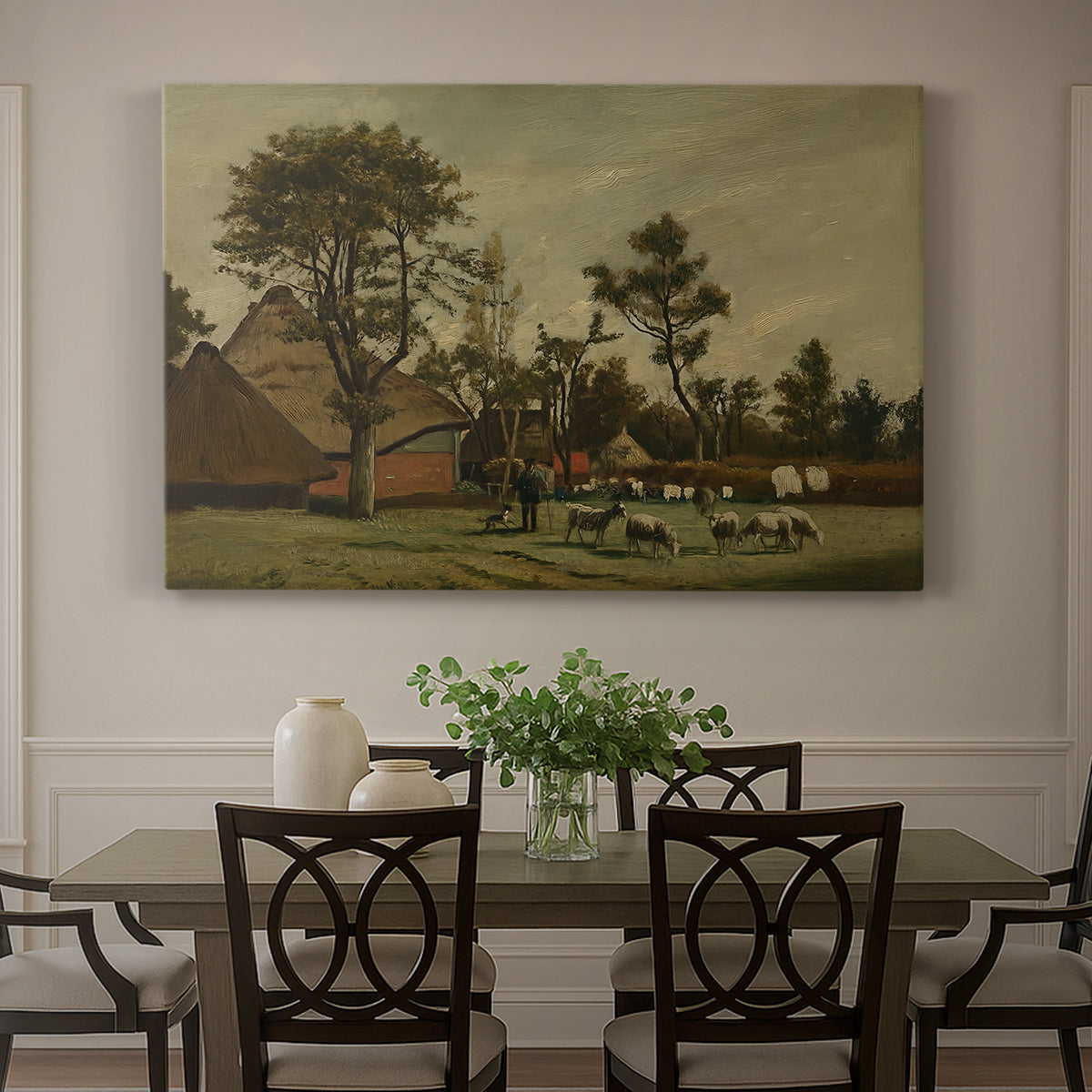 Canvas art print featuring a farmhouse with animals and open rural surroundings under soft sky, showcased as a statement wall artwork