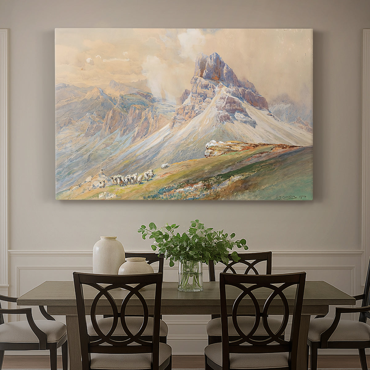 Canvas art print featuring dramatic Dolomite mountain peaks rising above rugged terrain, showcased as a statement wall artwork