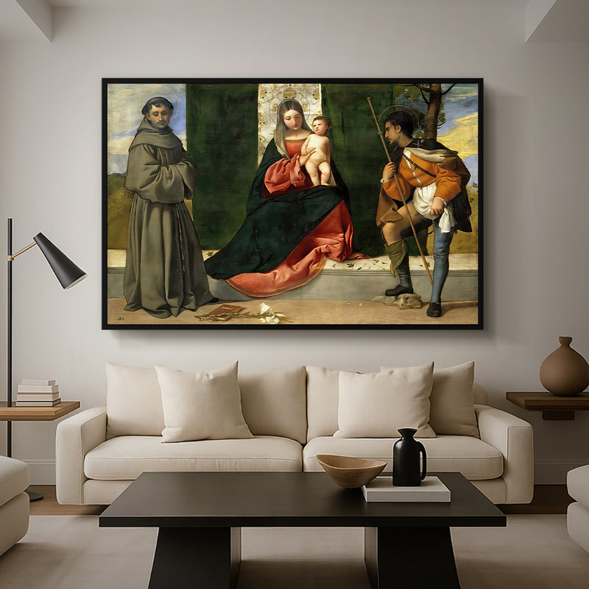 Madonna and Child with Saints Anthony of Padua and Roch, c. 1510 - Floater Framed Canvas Print