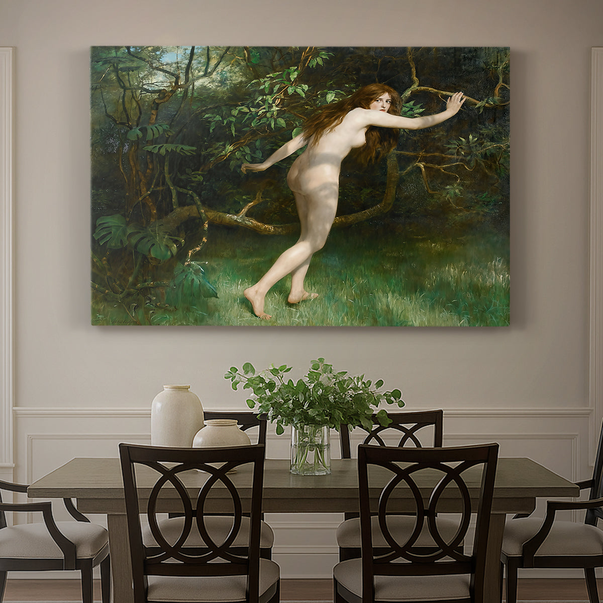 Canvas art print featuring a nude female figure standing in natural setting, showcased as a statement wall artwork