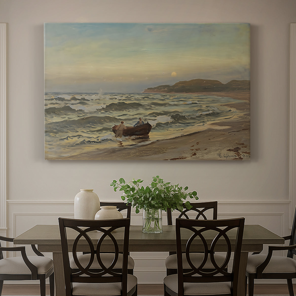Canvas art print featuring a stormy coastal scene with waves crashing under dark dramatic sky, showcased as a statement wall artwork