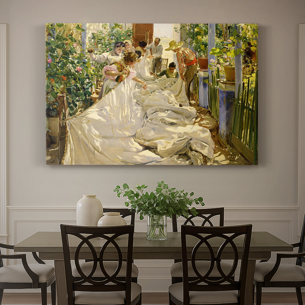 Canvas art print featuring figures working together sewing large sail outdoors in bright light, showcased as a statement wall artwork