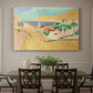 Canvas art print featuring a bright coastal townscape with buildings, water, and vivid colors, showcased as a statement wall artwork