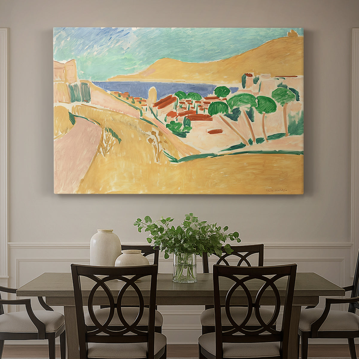 Canvas art print featuring a bright coastal townscape with buildings, water, and vivid colors, showcased as a statement wall artwork