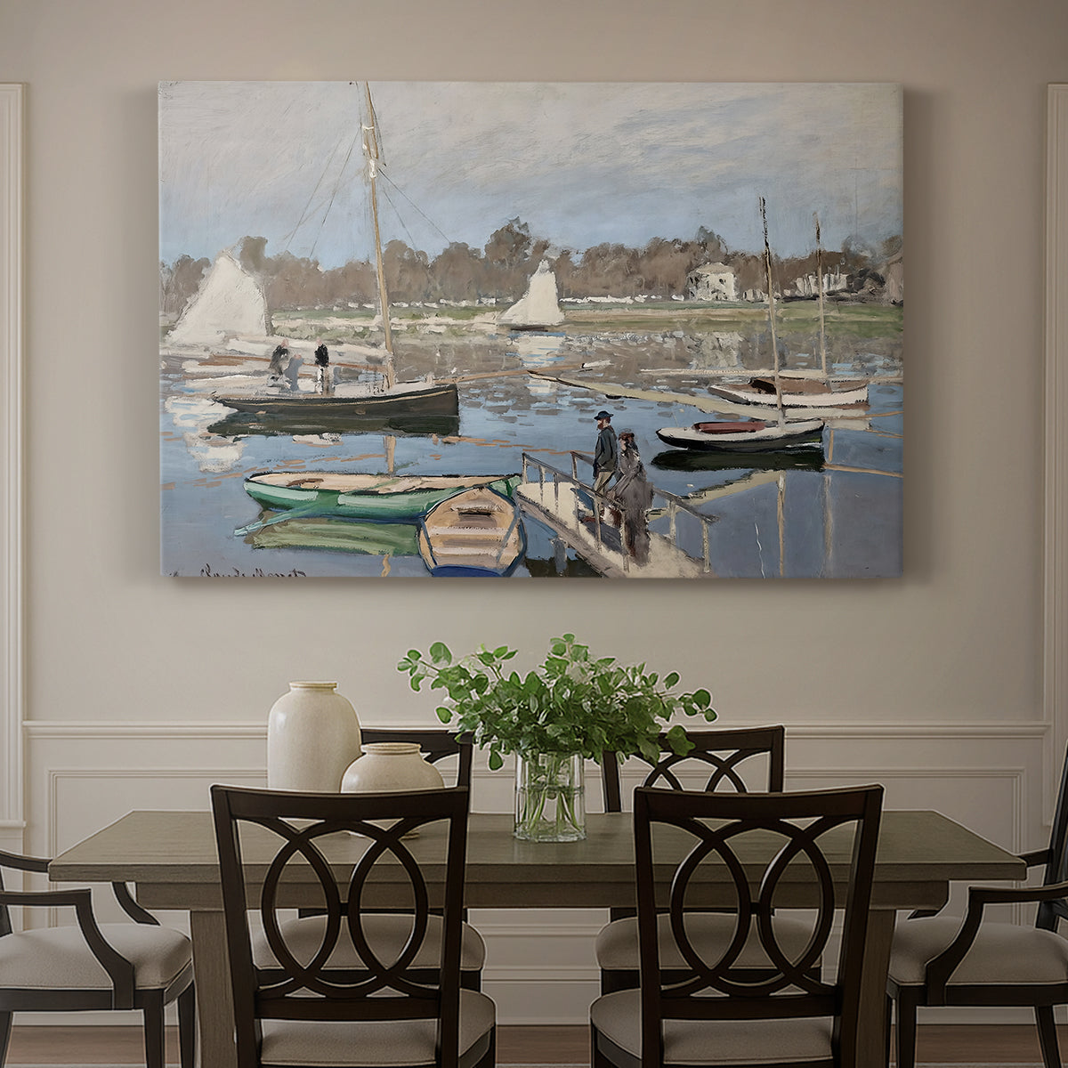 Canvas art print featuring sailboats gathered in calm basin with reflections on water, showcased as a statement wall artwork