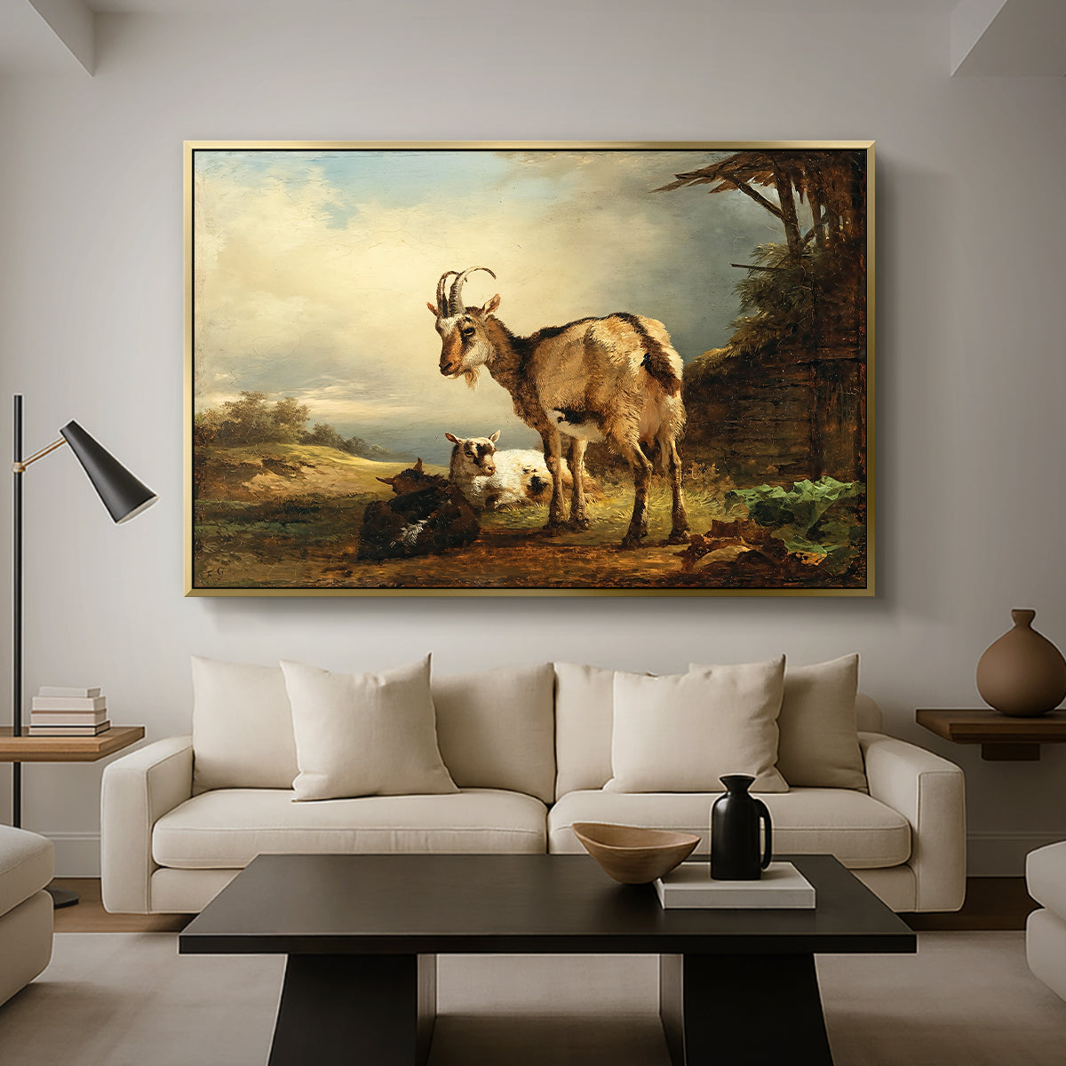 A Goat with Two Kids - Floater Framed Canvas Print