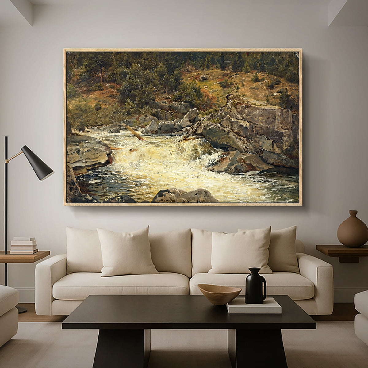 Waterfall in Hallingdal, 1848 - Floater Framed Canvas Print