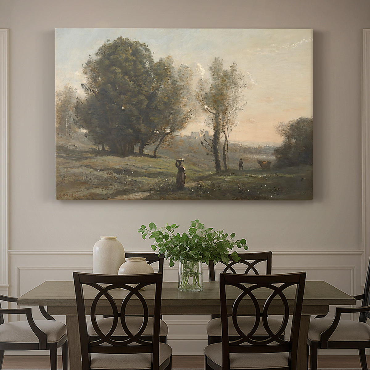 Canvas art print featuring an expansive landscape with sparse trees and open ground under soft light, showcased as a statement wall artwork