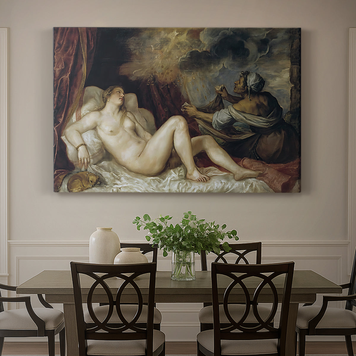 Canvas art print featuring a reclining nude woman on bed in mythological interior scene, showcased as a statement wall artwork