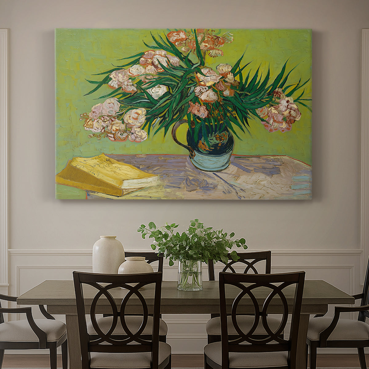 Canvas art print featuring a still life with vase of oleanders placed beside stacked books, showcased as a statement wall artwork