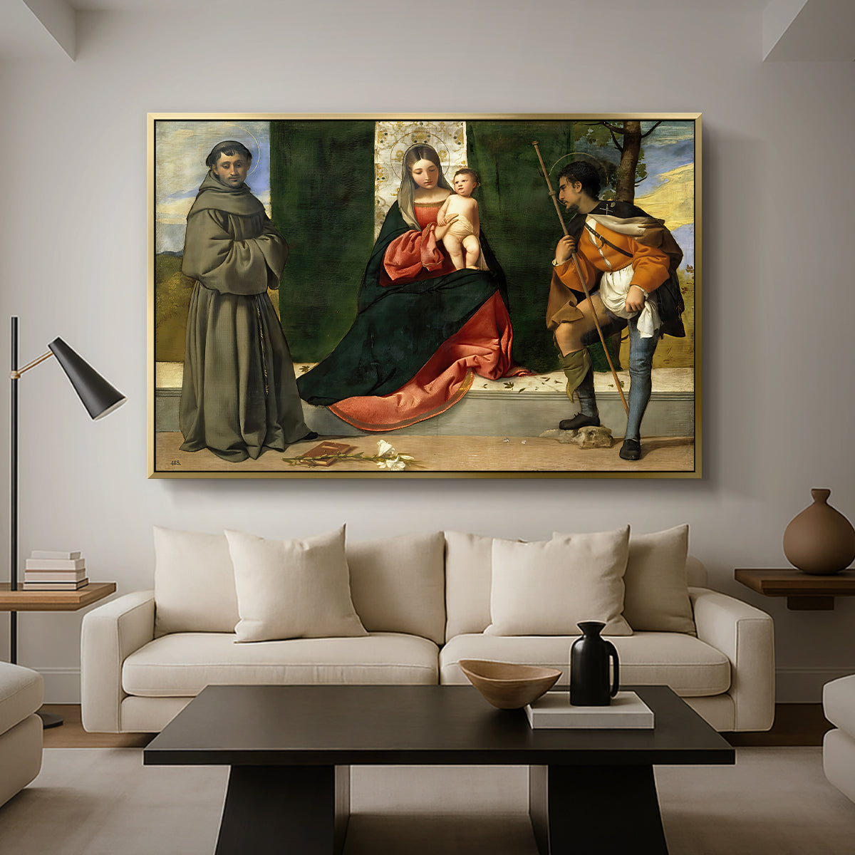 Madonna and Child with Saints Anthony of Padua and Roch, c. 1510 - Floater Framed Canvas Print