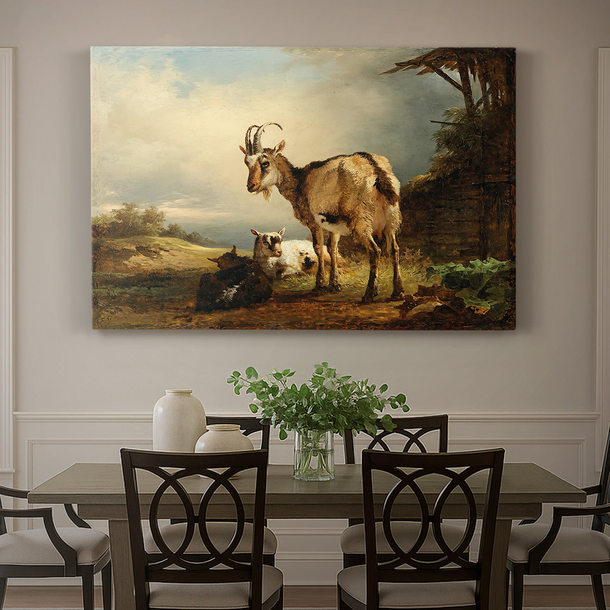 Canvas art print featuring a goat with young kids in countryside, showcased as a statement wall artwork