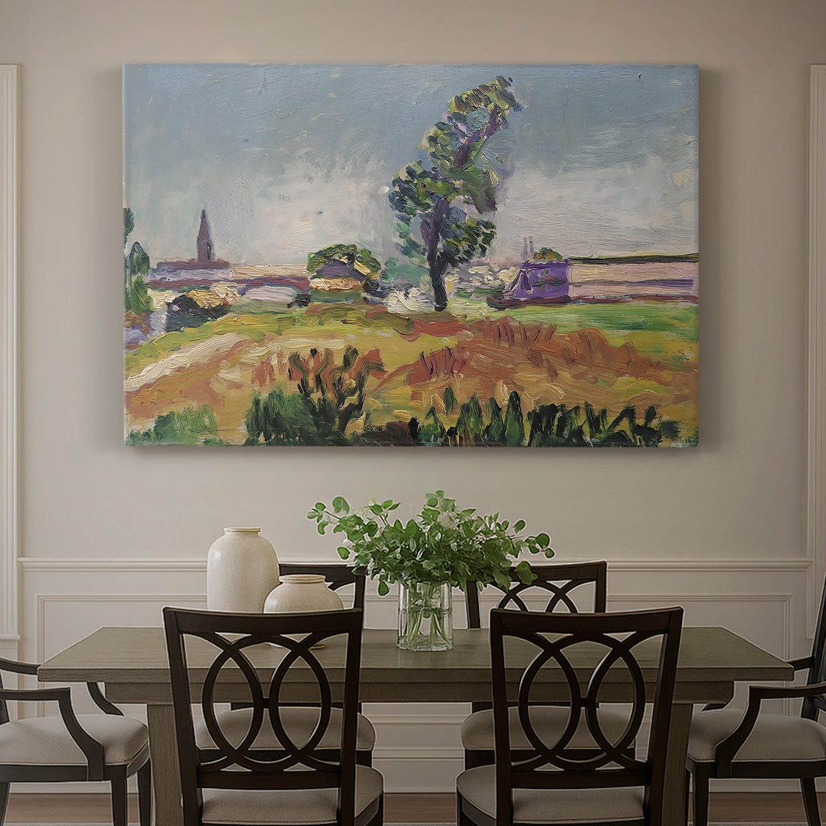 Canvas art print featuring a bridge spanning a river in a quiet landscape with trees and open sky, showcased as a statement wall artwork