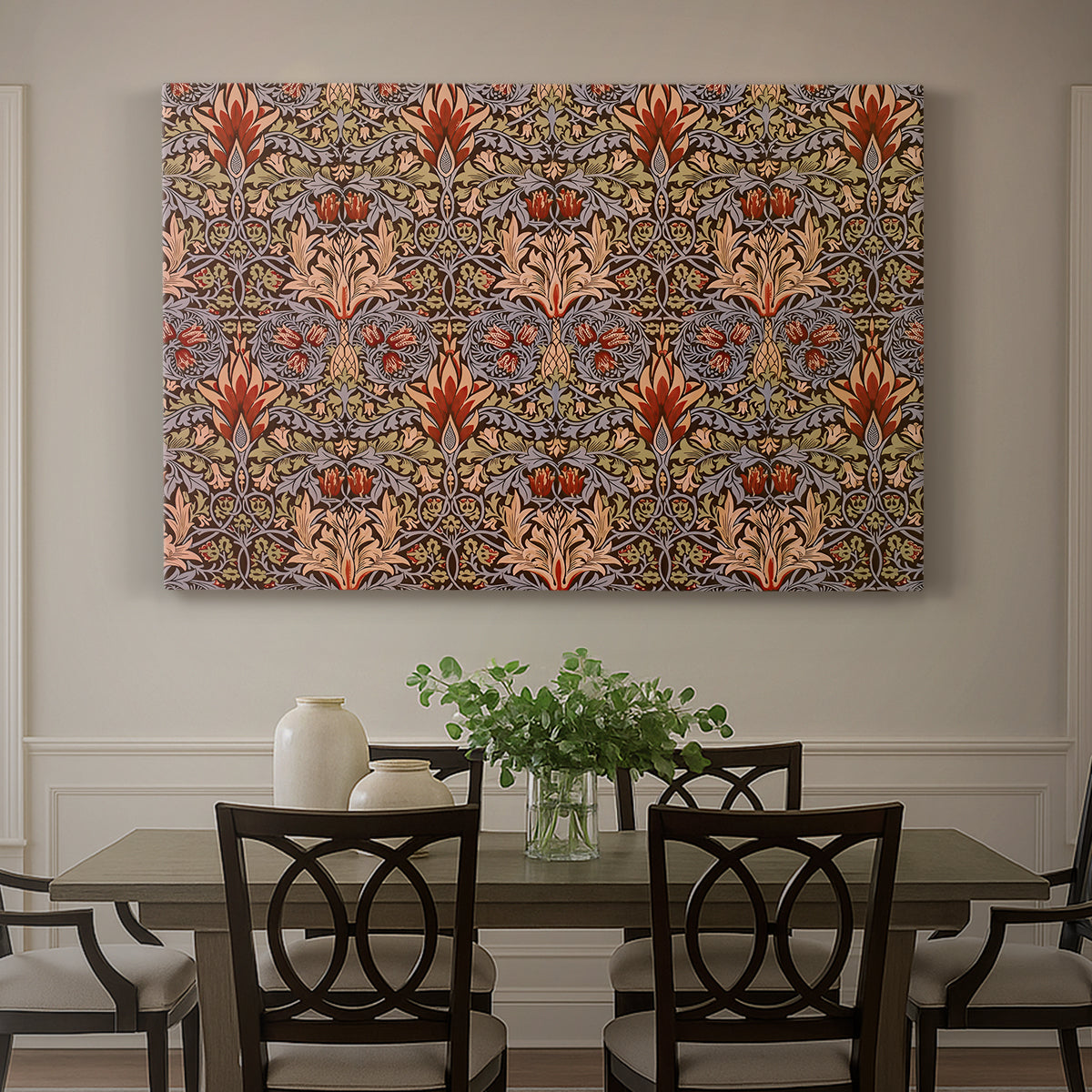 Canvas art print featuring a repeating pattern of stylized flowers with warm red tones and curved stems, showcased as a statement wall artwork