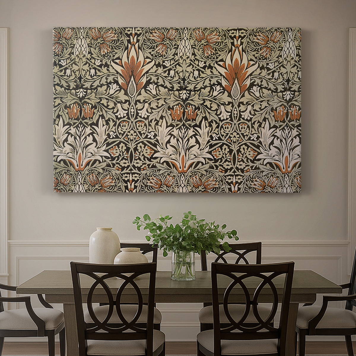Canvas art print featuring a repeating floral pattern with dark background and warm-toned plant forms, showcased as a statement wall artwork