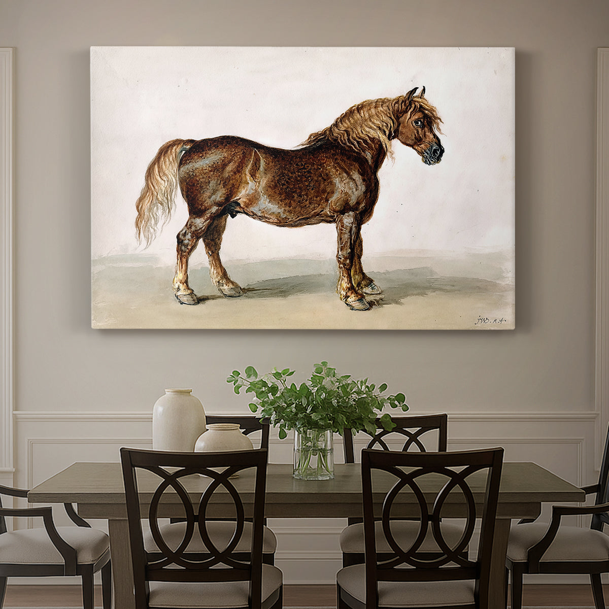 Canvas art print featuring a sturdy cart horse standing in profile against plain background, showcased as a statement wall artwork