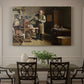 Canvas art print featuring a man working at printing table inside detailed workshop interior, showcased as a statement wall artwork