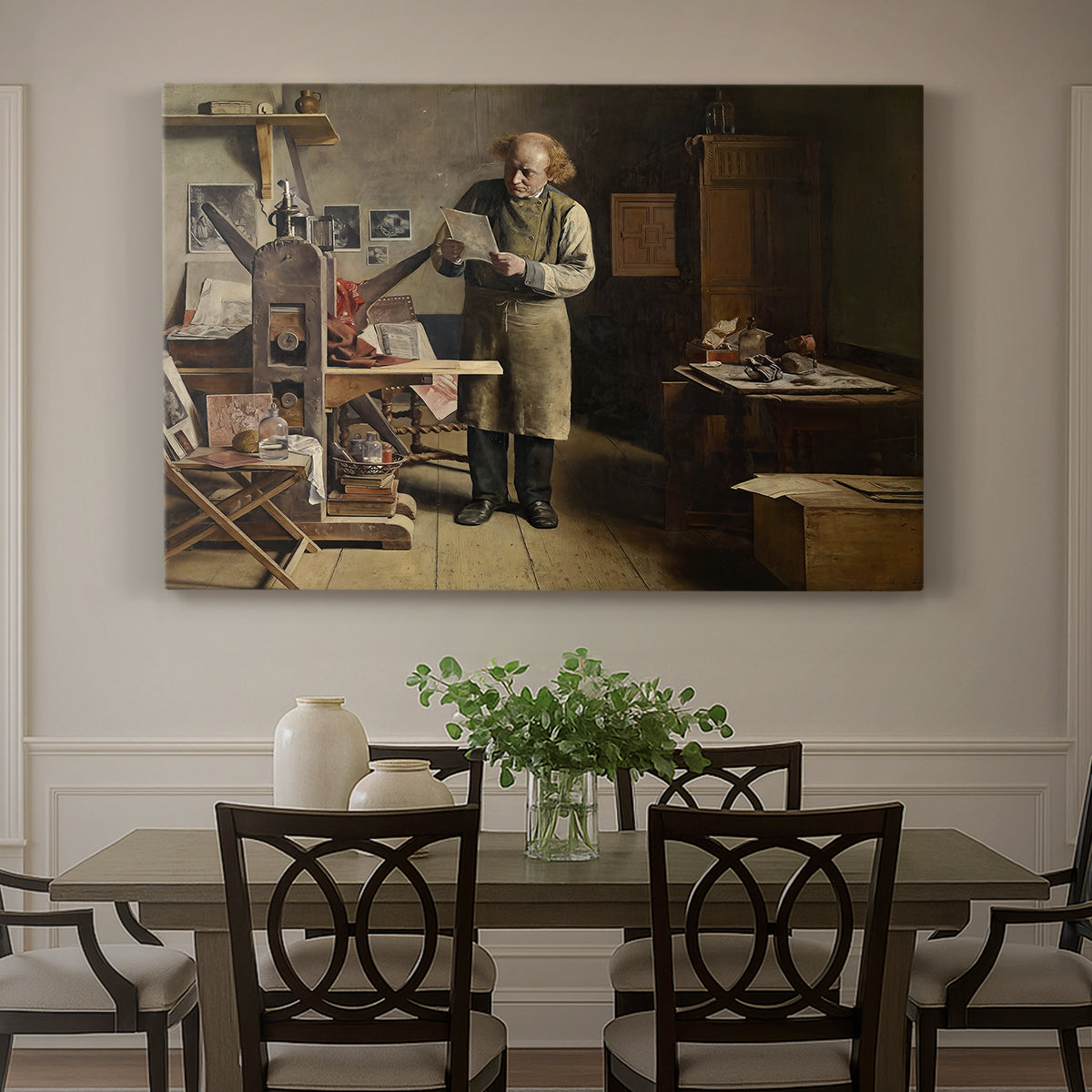 Canvas art print featuring a man working at printing table inside detailed workshop interior, showcased as a statement wall artwork