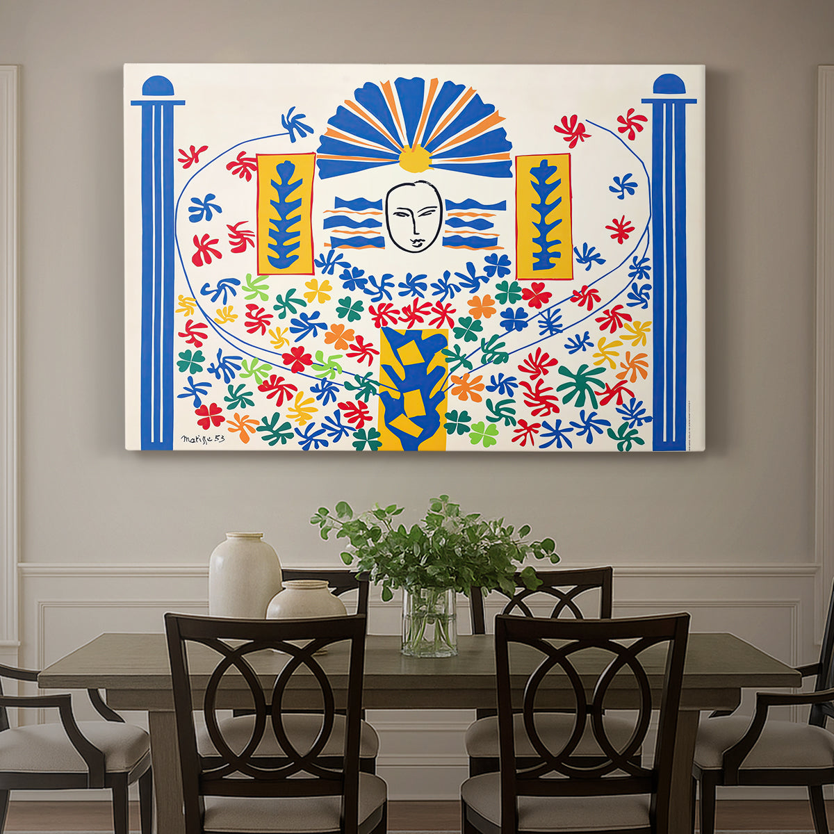 Canvas art print featuring an abstract geometric composition with stylized human and decorative elements, showcased as a statement wall artwork
