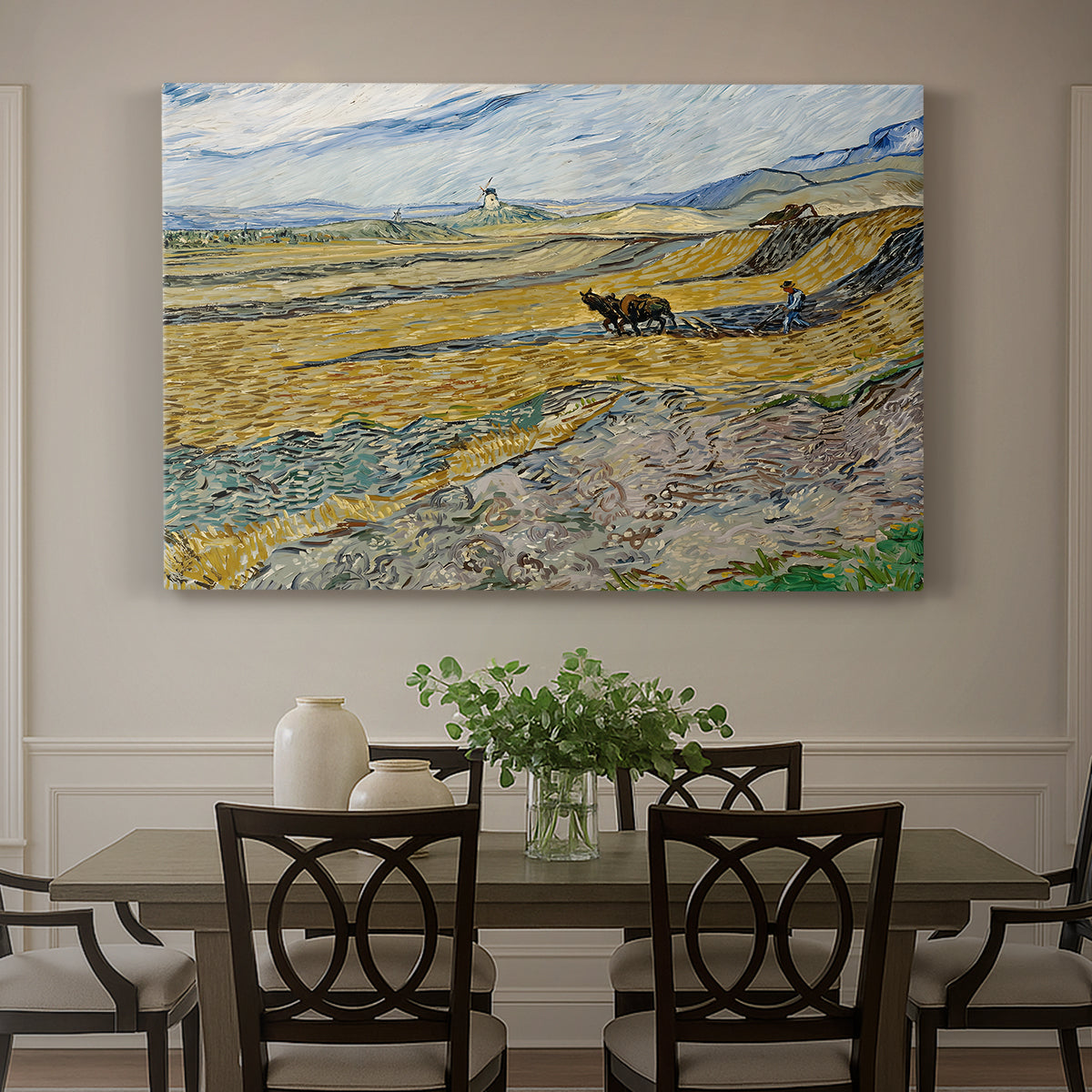 Canvas art print featuring a ploughed field enclosed by low walls with lone worker under broad sky, showcased as a statement wall artwork