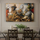 Canvas art print featuring a chaotic hunting scene with riders, dogs, and animals, showcased as a statement wall artwork