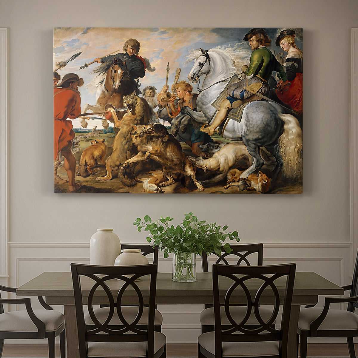 Canvas art print featuring a chaotic hunting scene with riders, dogs, and animals, showcased as a statement wall artwork