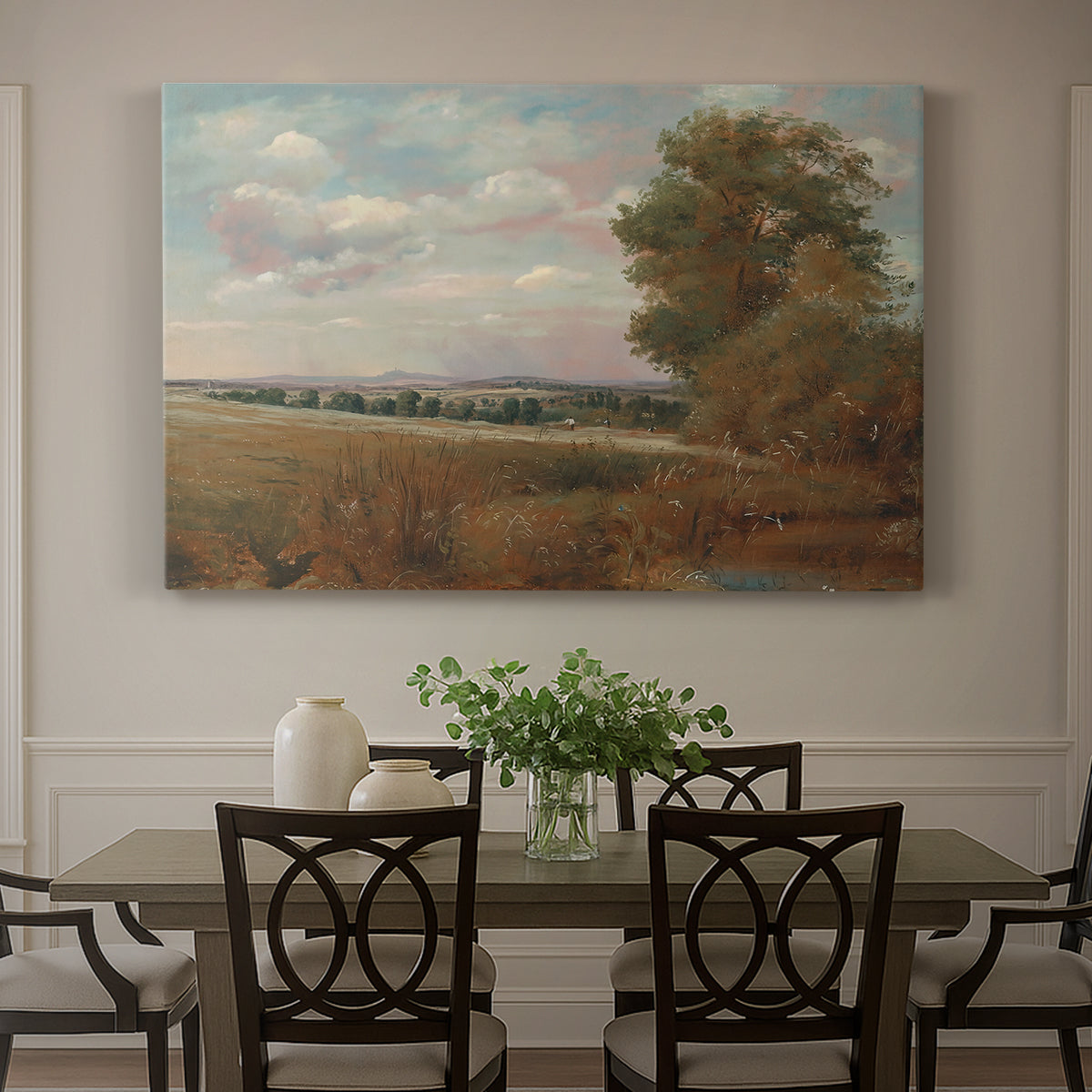 Canvas art print featuring a wide landscape with distant buildings across terrain, showcased as a statement wall artwork