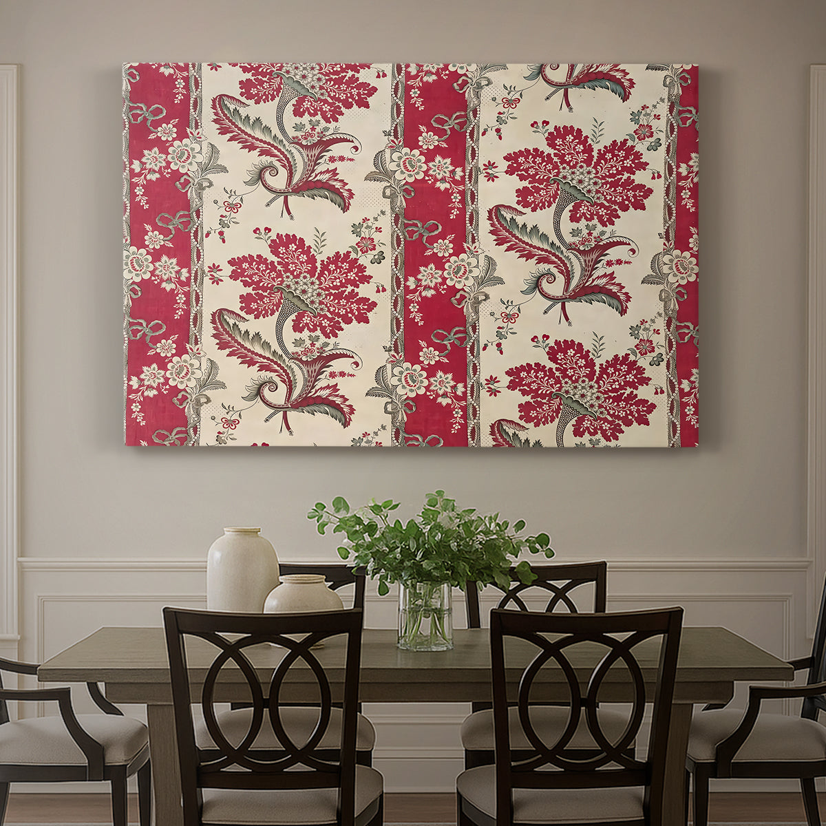 Canvas art print featuring a repeating pattern with floral arrangements emerging from horn-shaped forms, showcased as a statement wall artwork