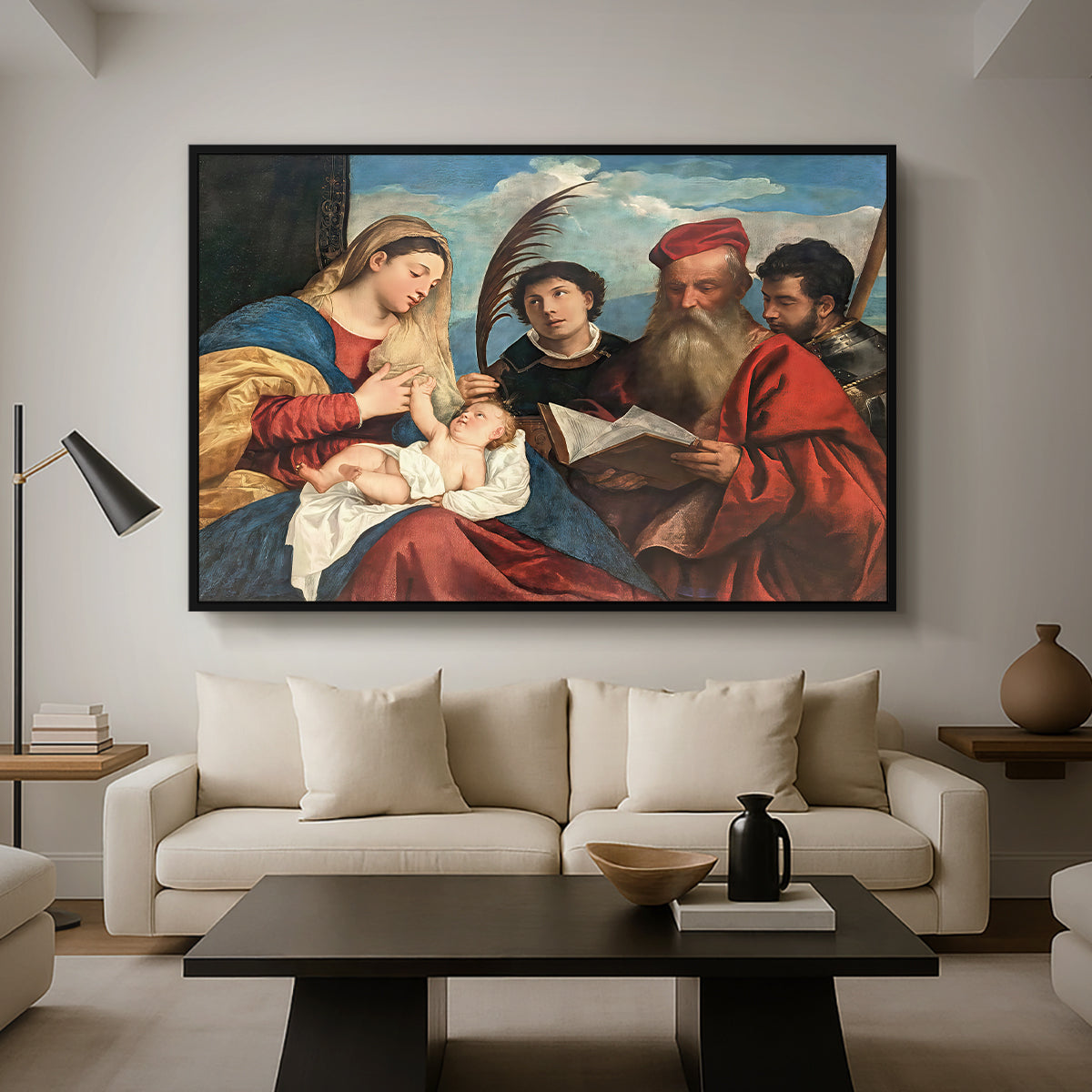 Mary and Child with Saints Stephen, Jerome and Maurice, c. 1510 - Floater Framed Canvas Print