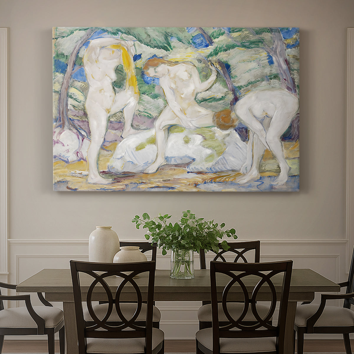 Canvas art print featuring abstracted figures of women bathing in colorful, fragmented landscape, showcased as a statement wall artwork