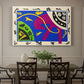 Canvas art print featuring abstract figures of a horse, rider, and clown in a bold cut-out composition, showcased as a statement wall artwork