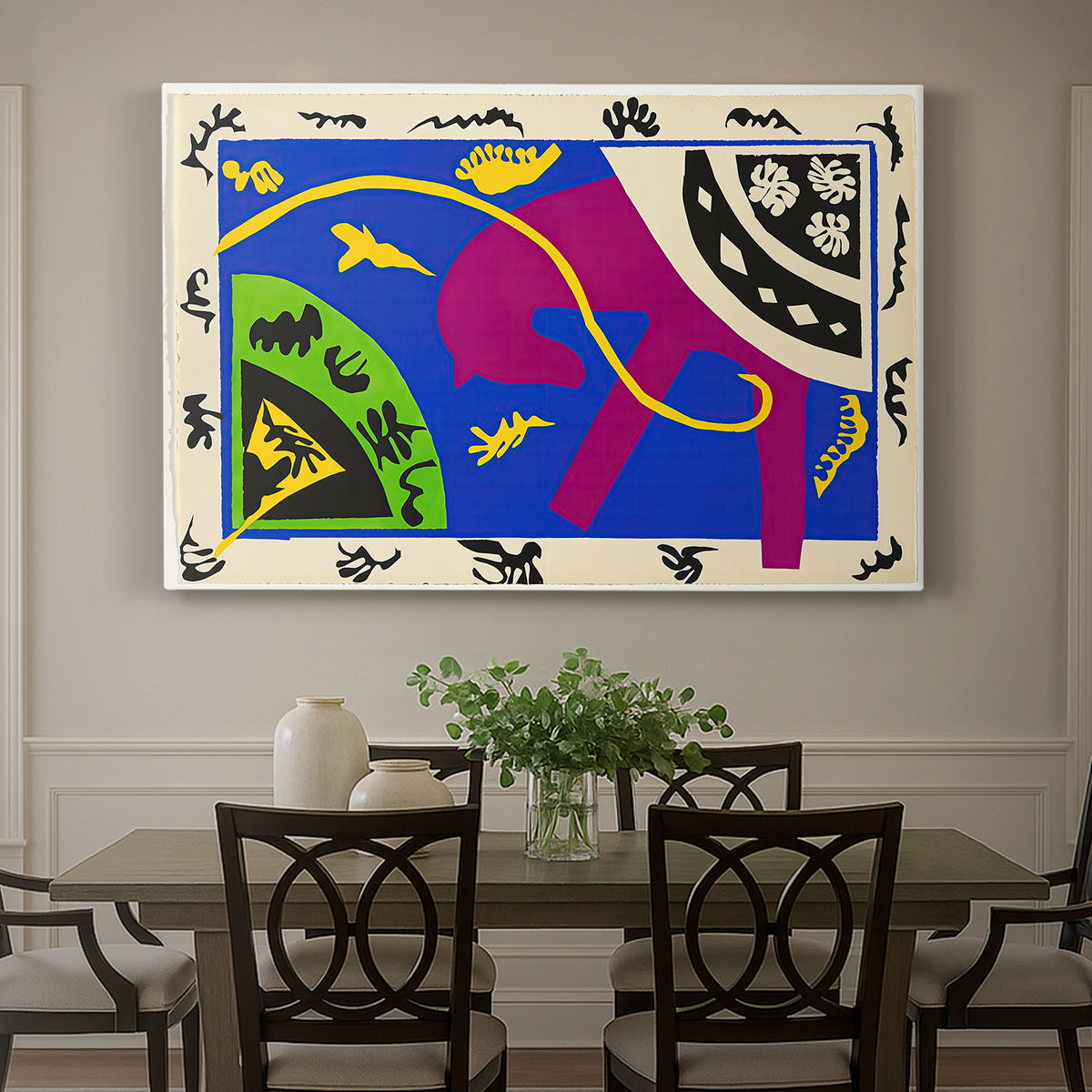 Canvas art print featuring abstract figures of a horse, rider, and clown in a bold cut-out composition, showcased as a statement wall artwork