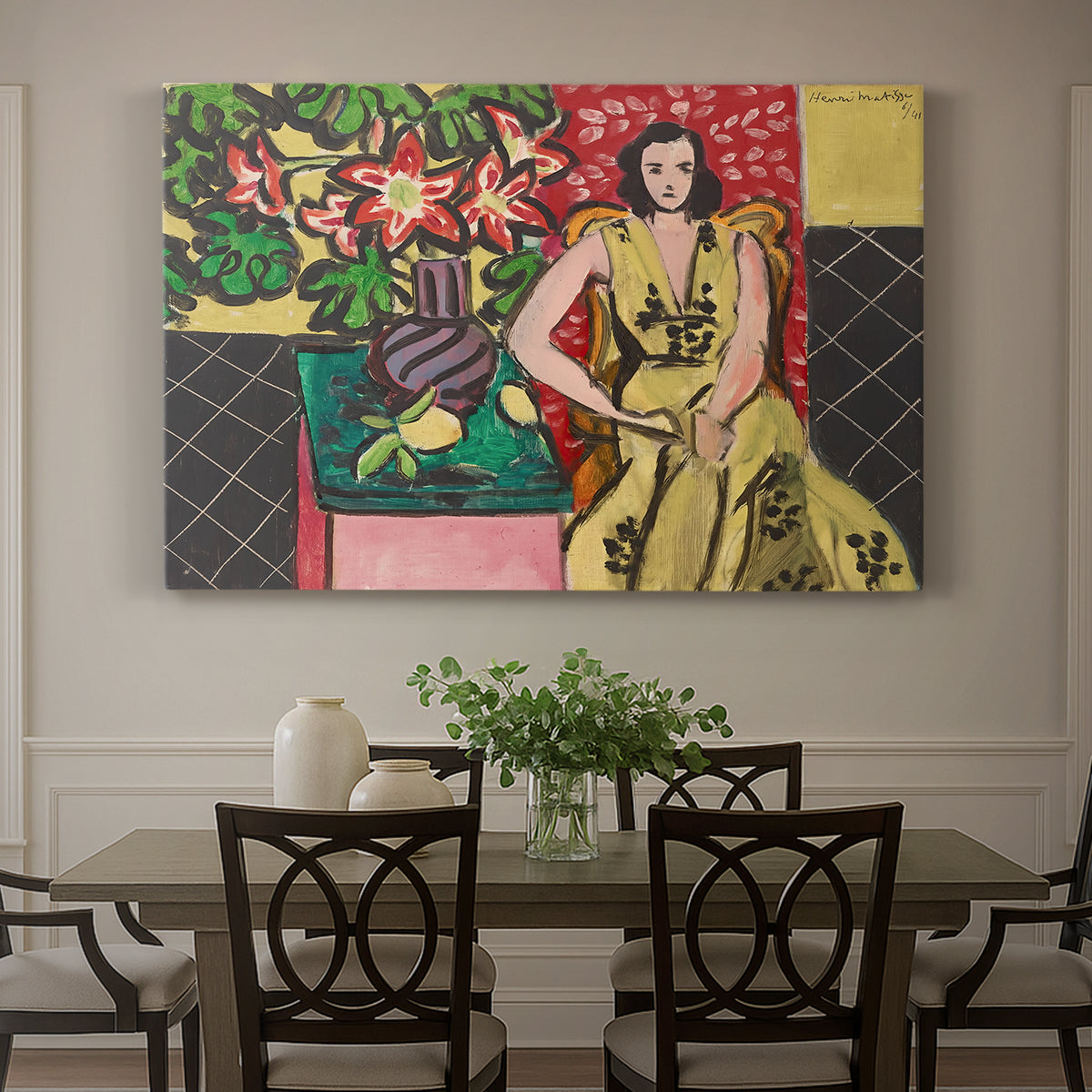 Canvas art print featuring a seated woman beside a vase of amaryllis in a richly patterned interior, showcased as a statement wall artwork