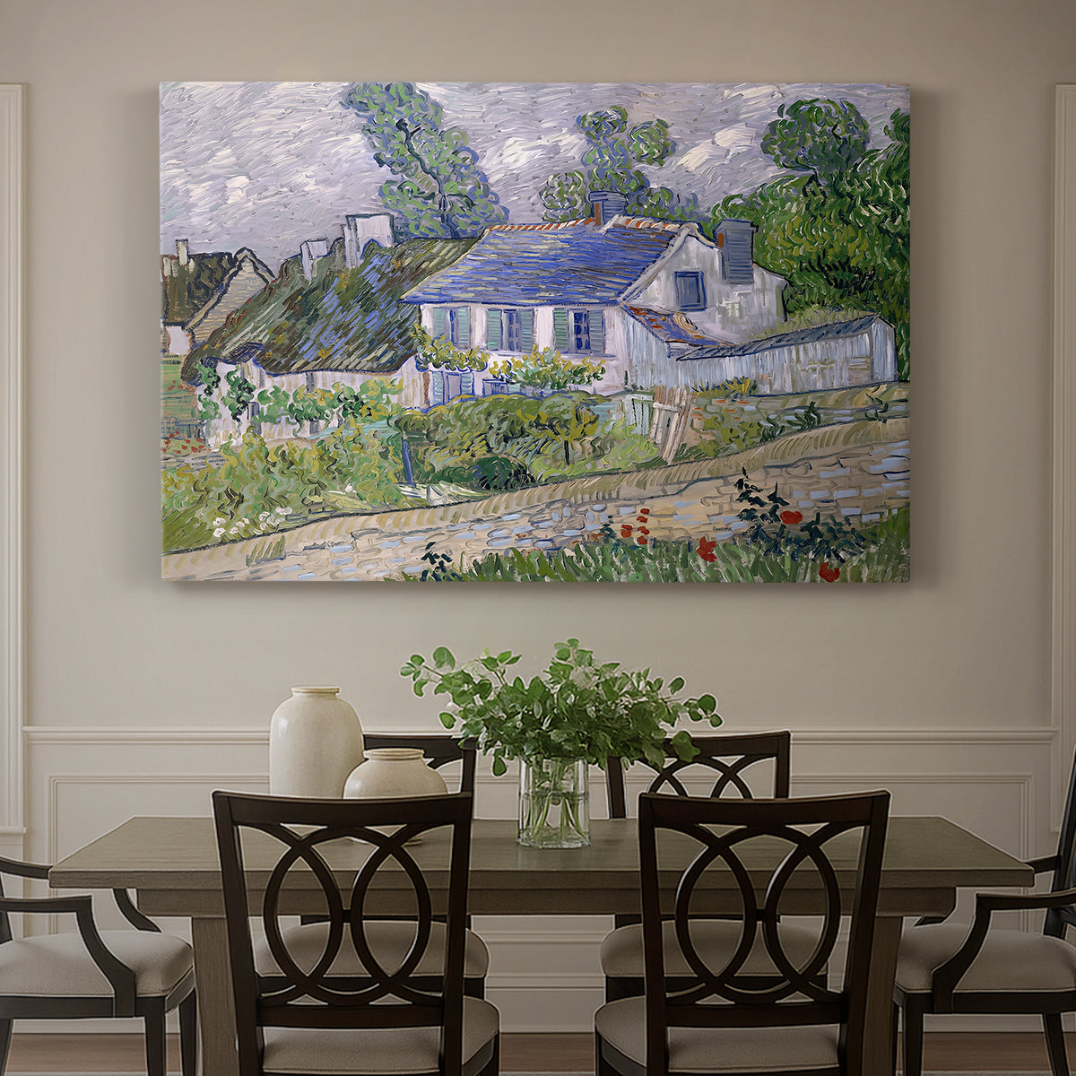 Canvas art print featuring village houses clustered along road with surrounding greenery under open sky, showcased as a statement wall artwork