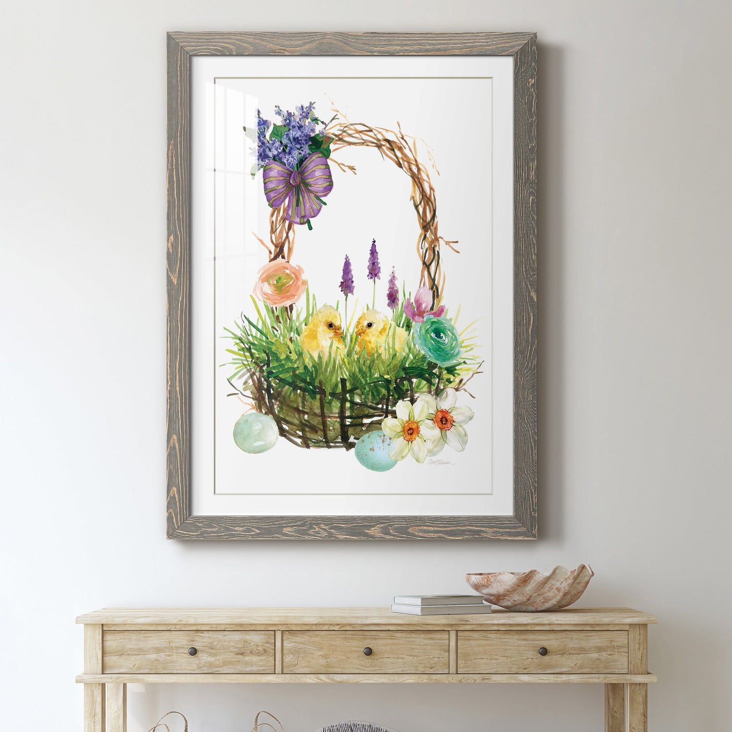 Spring Chick Basket - Premium Framed Print - Distressed Barnwood Frame - Ready to Hang