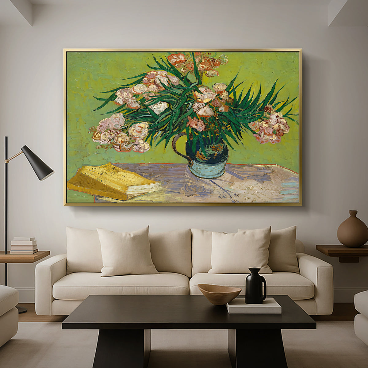 Vase with Oleanders and Books, 1888 - Floater Framed Canvas Print