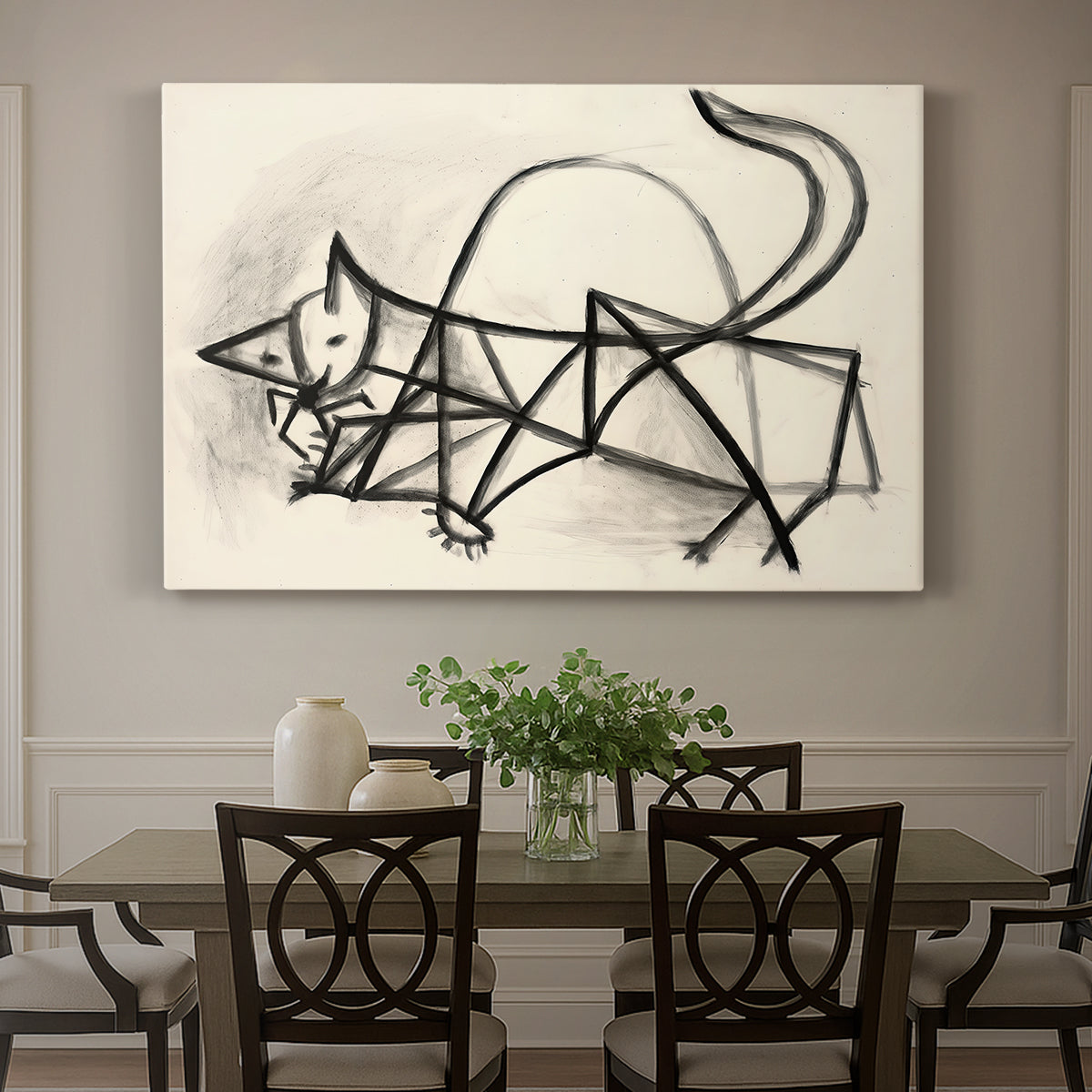 Canvas art print featuring a simplified line drawing of cat using loose strokes, showcased as a statement wall artwork