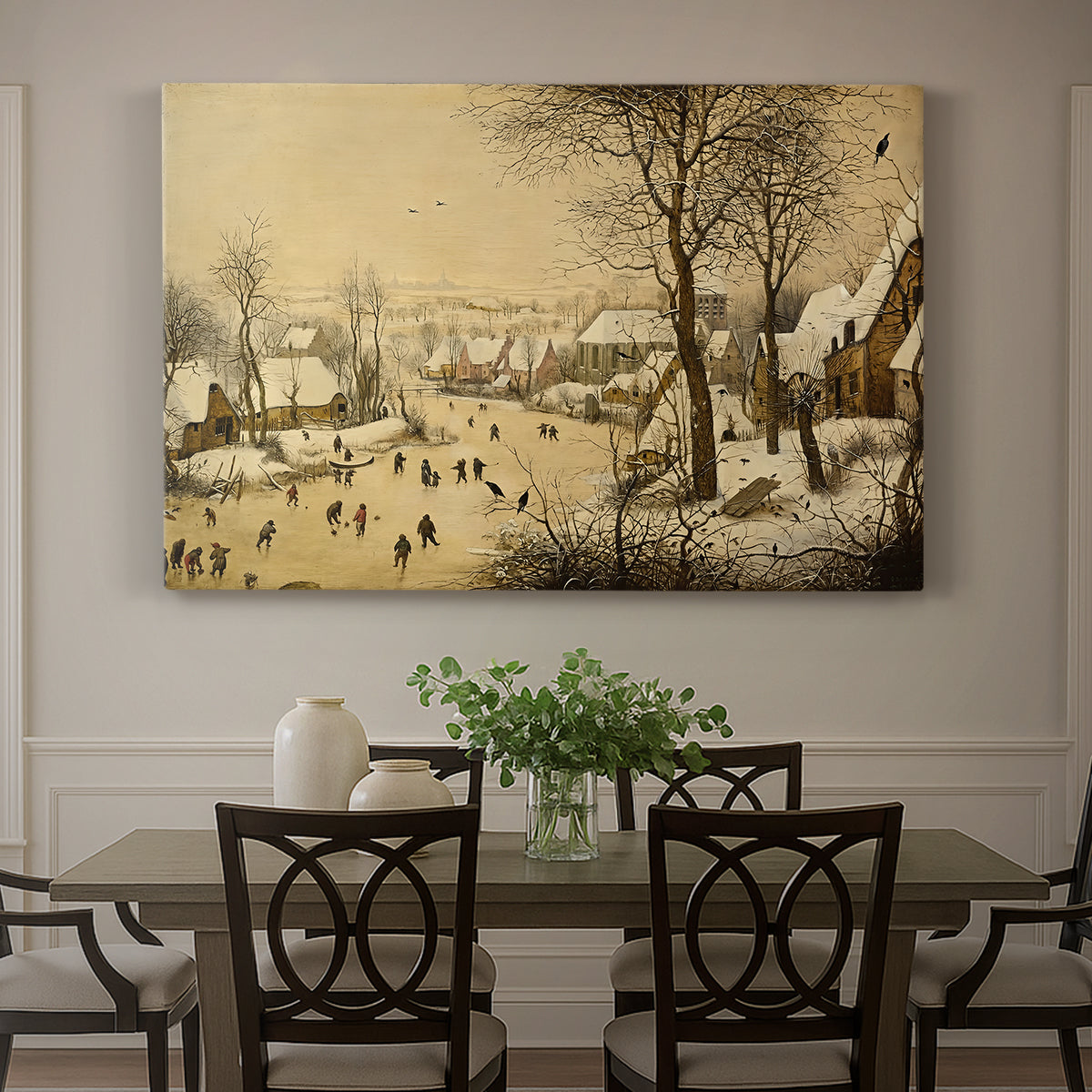 Canvas art print featuring a village scene with skaters on frozen river, showcased as a statement wall artwork