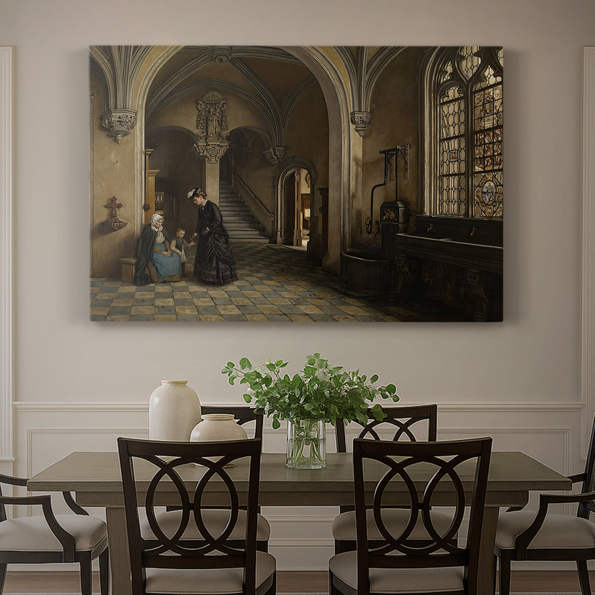 Canvas art print featuring a large church interior with arches, columns, and figures beneath vaulted ceiling, showcased as a statement wall artwork