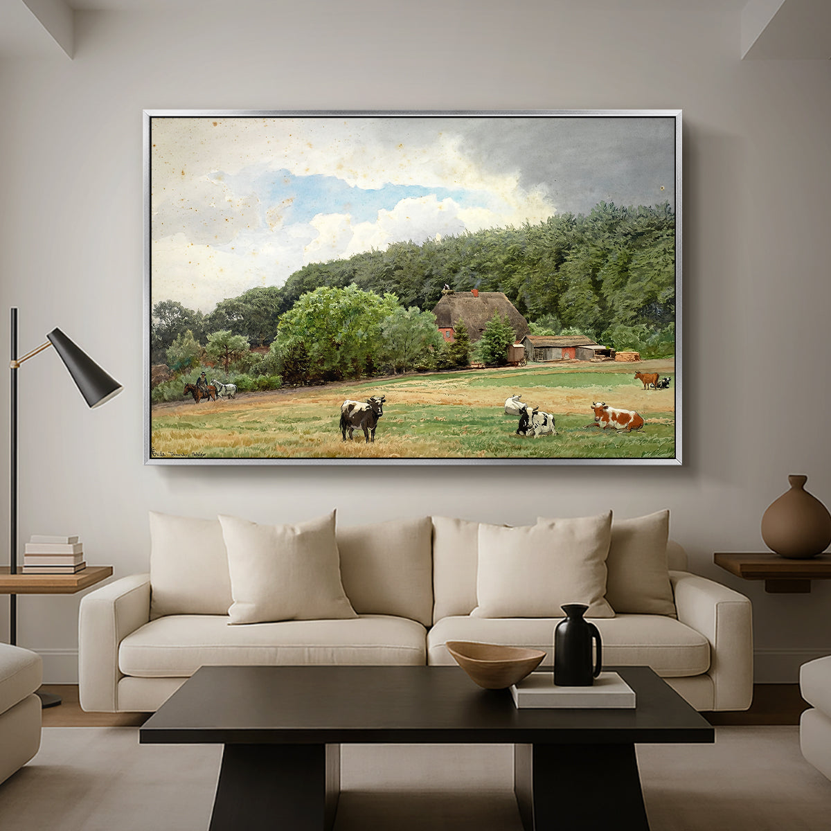 Farm with Grazing Cows (Bondegård med beitende kuer), 1892 - Floater Framed Canvas Print