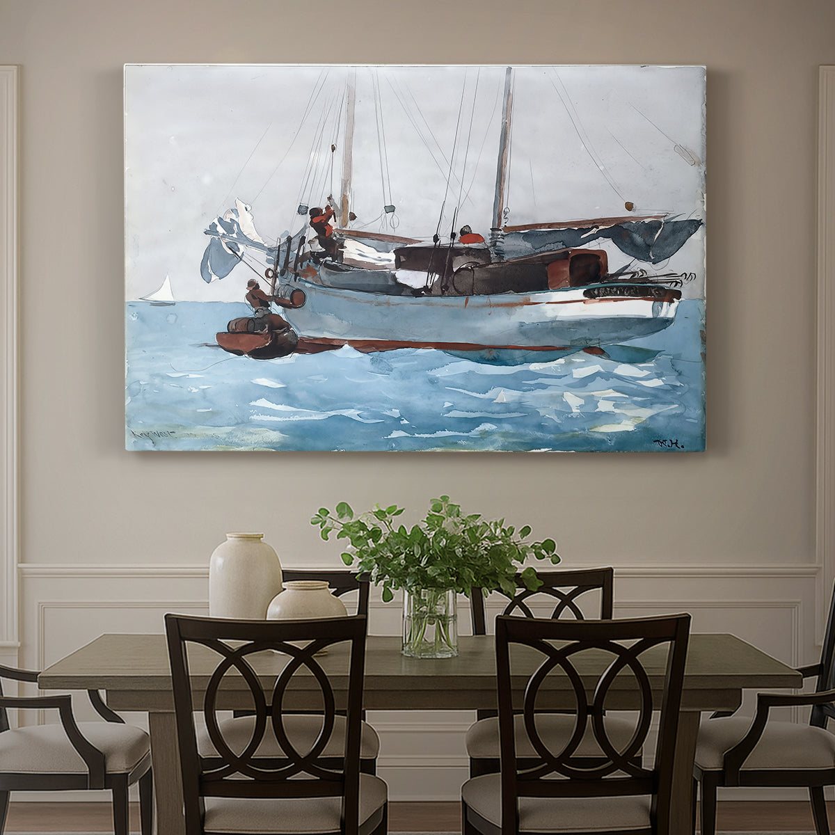 Canvas art print featuring workers transferring supplies between boat and larger vessel on water, showcased as a statement wall artwork