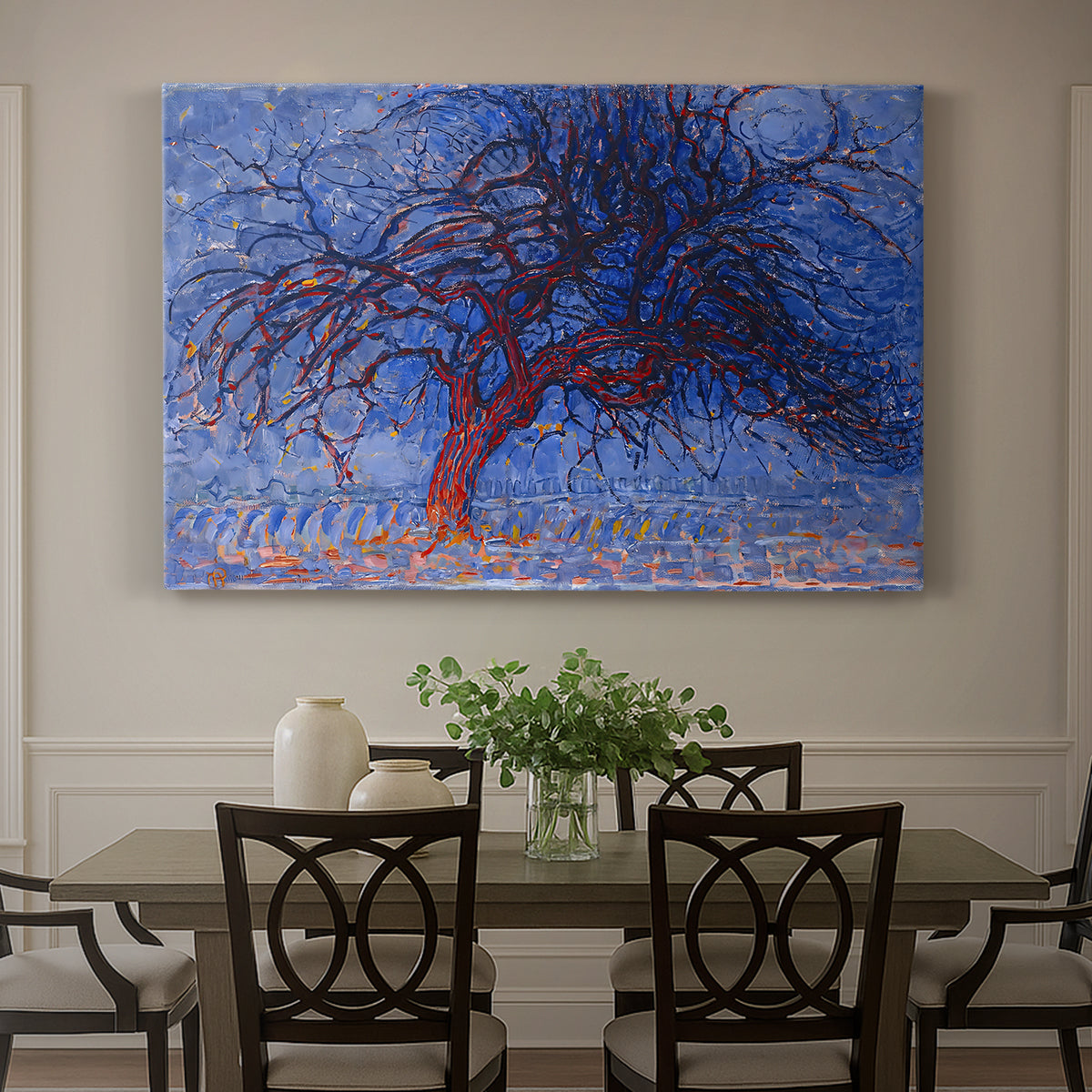 Canvas art print featuring a stylized red tree with branches against dark background, showcased as a statement wall artwork