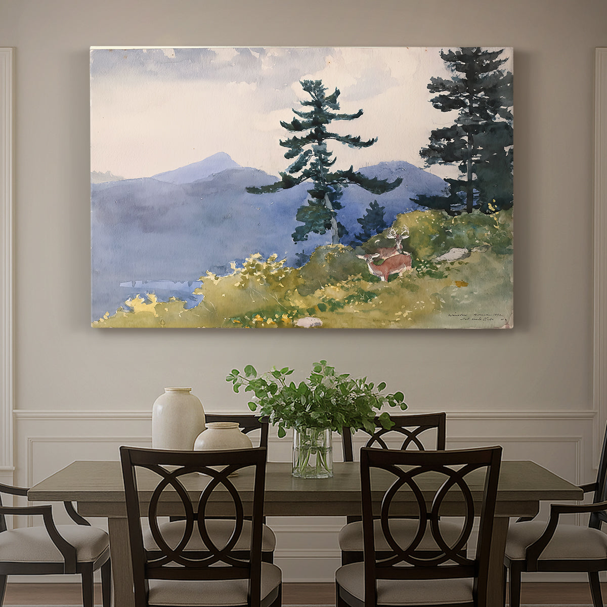 Canvas art print featuring a quiet forest clearing with trees and distant structure in natural setting, showcased as a statement wall artwork