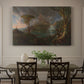 Canvas art print featuring a rugged natural landscape with dense trees and flowing water under dramatic sky, showcased as a statement wall artwork