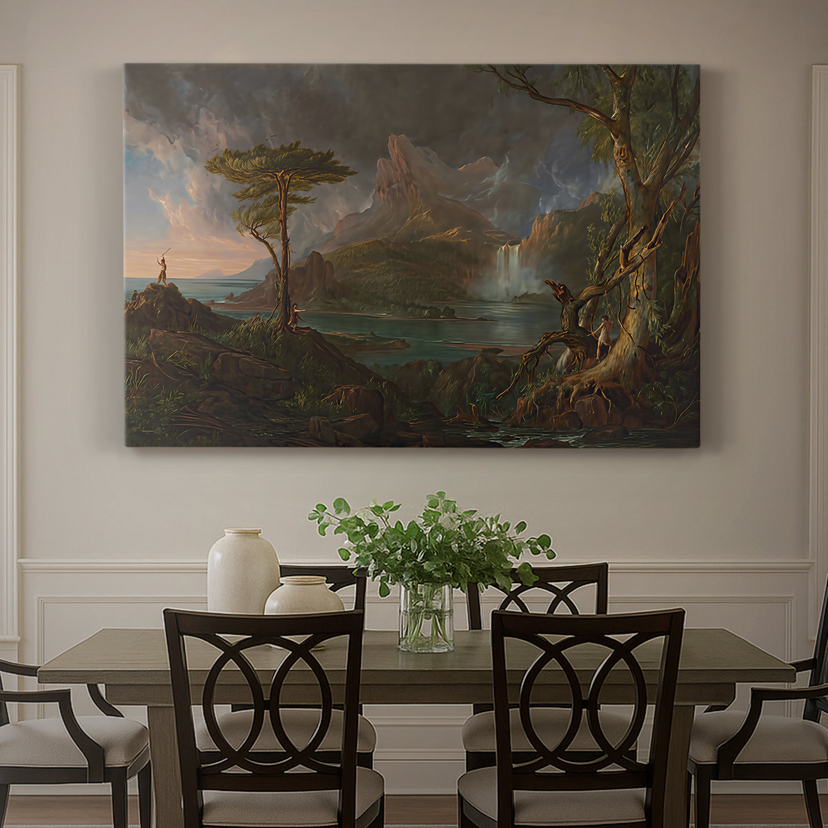 Canvas art print featuring a rugged natural landscape with dense trees and flowing water under dramatic sky, showcased as a statement wall artwork
