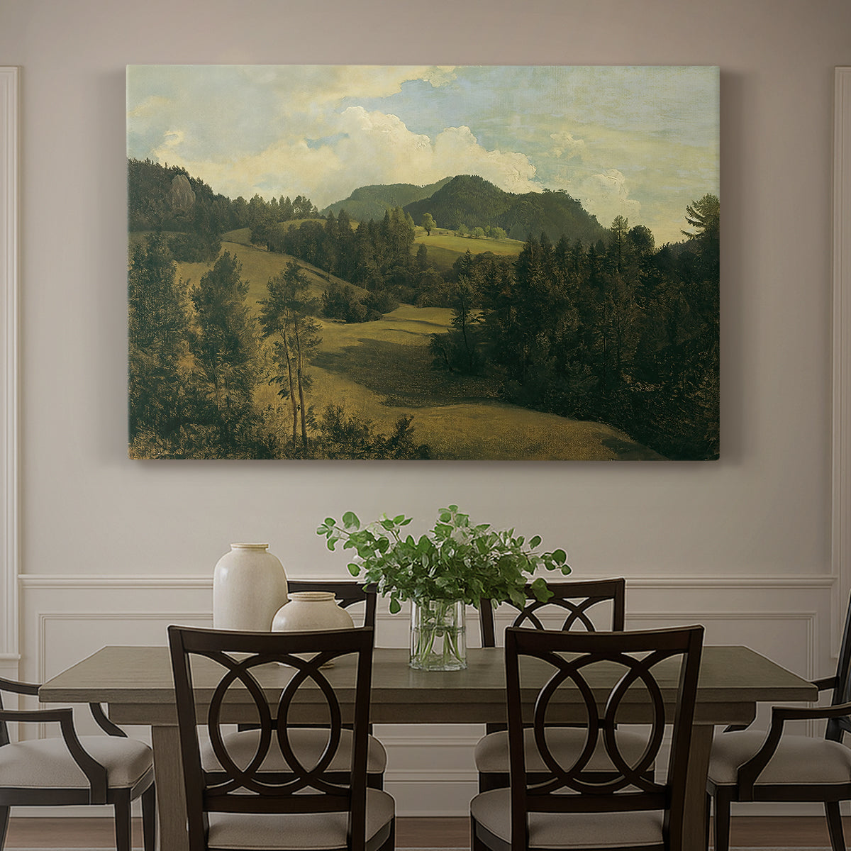 Canvas art print featuring a rolling countryside with trees and distant hills, showcased as a statement wall artwork