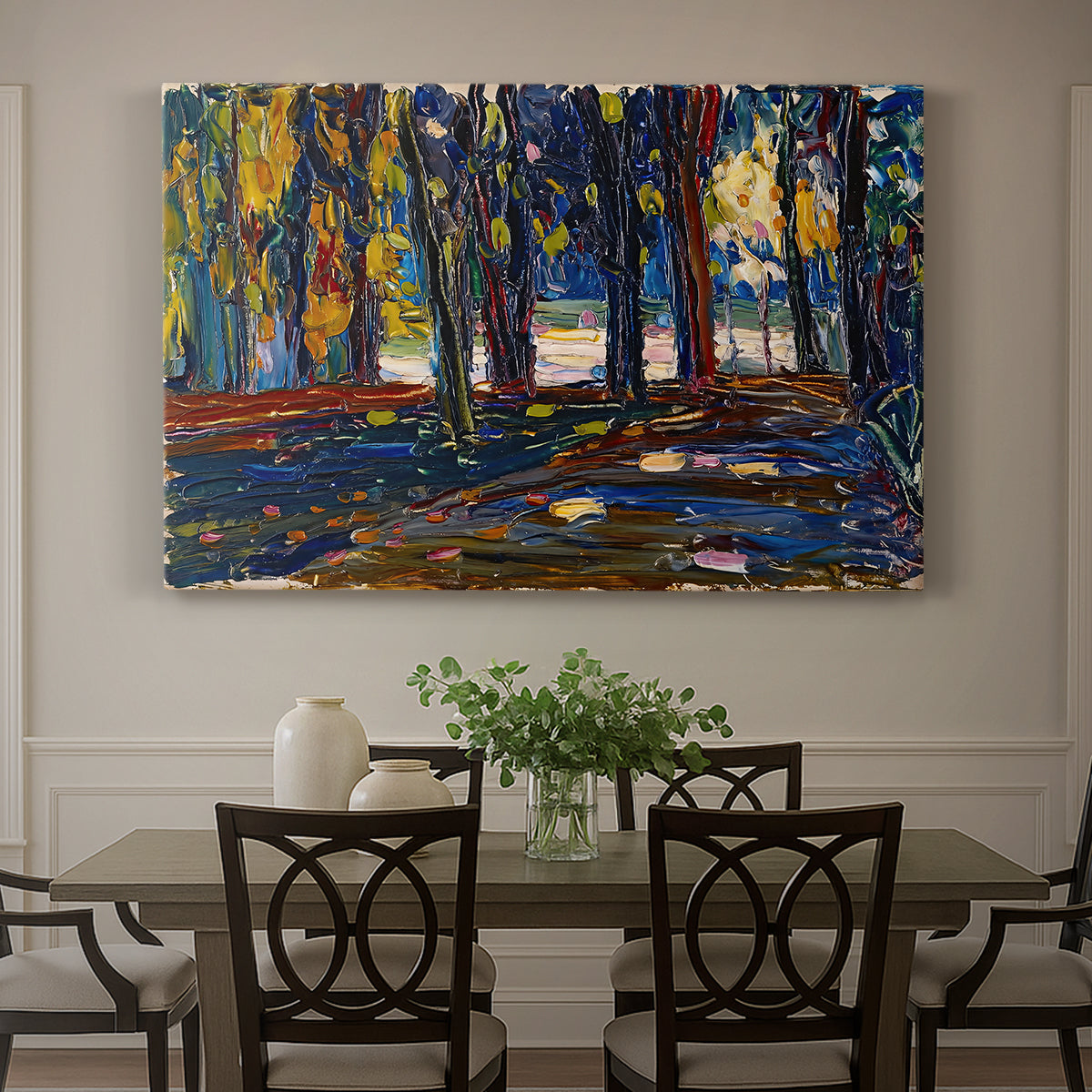 Canvas art print featuring an abstracted landscape with trees and foliage in warm autumn tones, showcased as a statement wall artwork