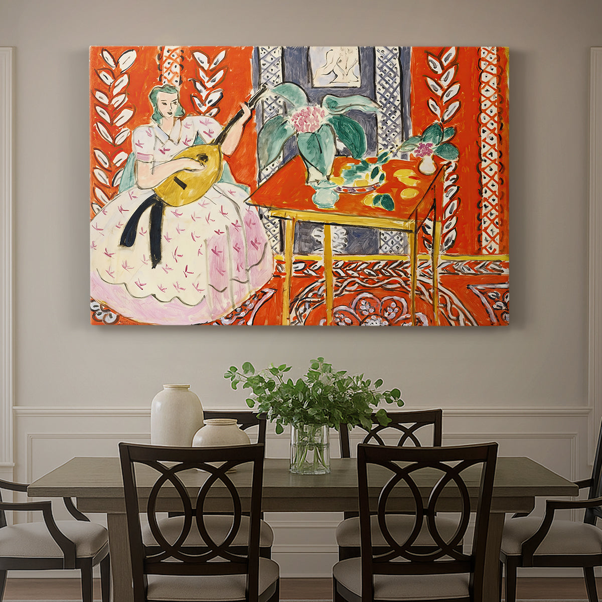 Canvas art print featuring a seated figure with a lute in a decorative interior, showcased as a statement wall artwork