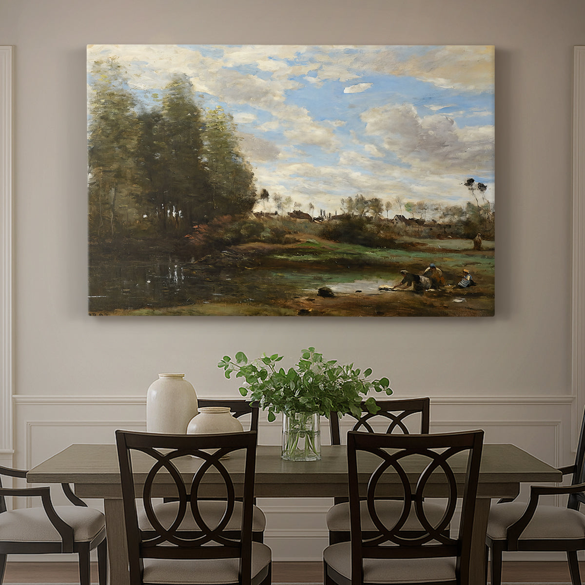 Canvas art print featuring figures washing clothes beside riverbank surrounded by trees, showcased as a statement wall artwork